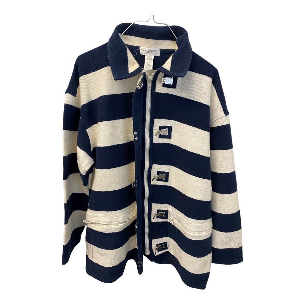 Jones New York Sports Jacket LARGE Womens Striped 100% Cotton Navy Blue White - Picture 2 of 7